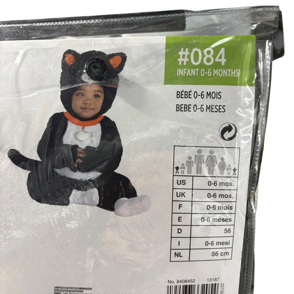 Cuddly Black Cat Costume Infant Halloween Jumpsuit‎ Hood Detachable Tail 0-6 Mo